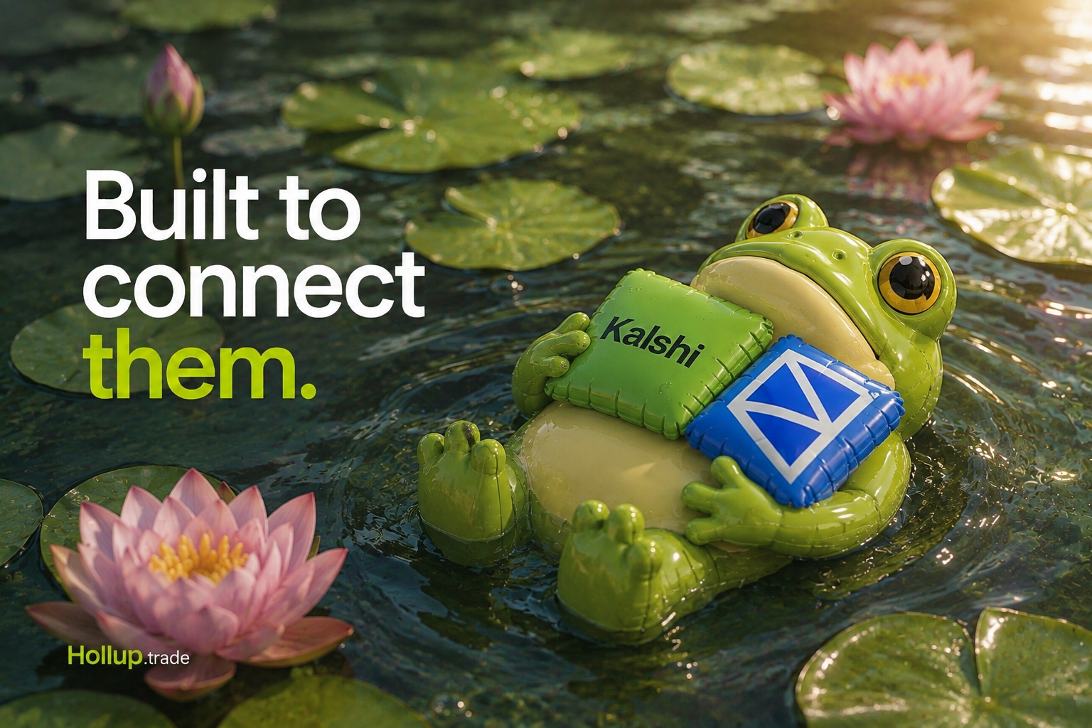 A 3D frog floating with Kalshi and Polymarket cushions, illustrating aggregated liquidity